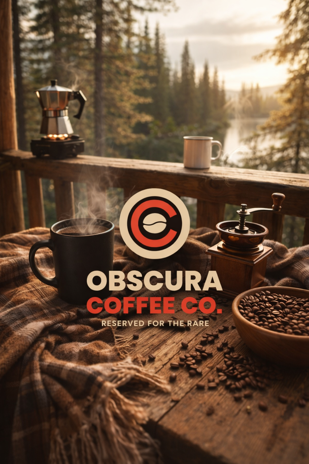 Obscura Coffee Co Elite Mug paired with a campfire s'more on a scenic cabin balcony.